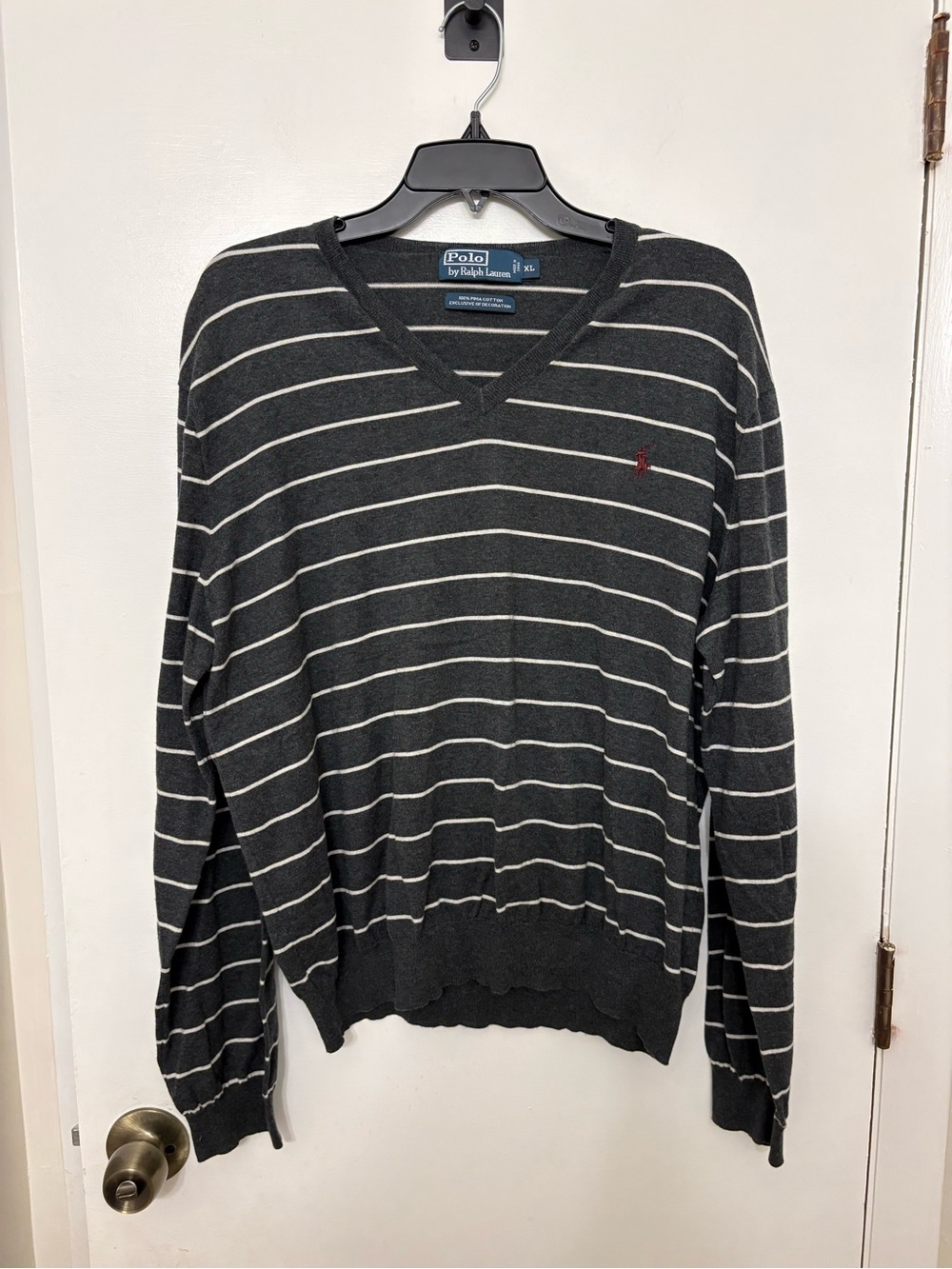 Polo Ralph Lauren Men’s XL Pima Cotton Striped V-Neck Sweater Charcoal Grey